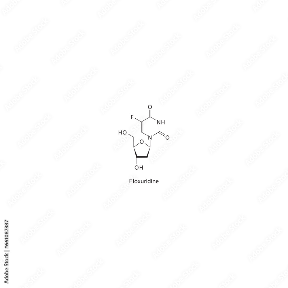 Floxuridine flat skeletal molecular structure Pyrimidine analog drug used in Colorectal cancer treatment. Vector illustration.