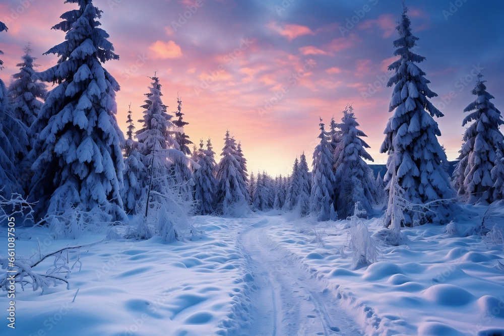 Twilight Wonderland, Majestic Snowy Landscape in a Fairytale Fir Tree Forest