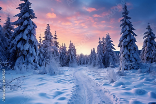 Twilight Wonderland, Majestic Snowy Landscape in a Fairytale Fir Tree Forest © NE97