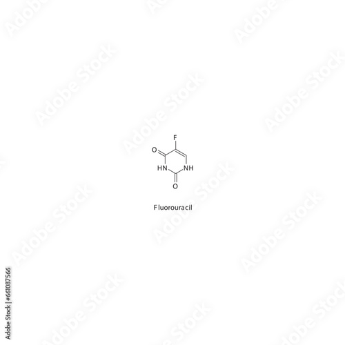 Fluorouracil  flat skeletal molecular structure Pyrimidine analog drug used in Colorectal cancer, breast cancer, basal cell carcinoma treatment. Vector illustration.