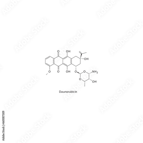 Daunorubicin flat skeletal molecular structure Anthracycline drug used in Acute myleloid leukemia, Chronic myelogenous leukemia treatment. Vector illustration.
