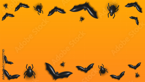 Happy Halloween holiday concept. Halloween decorations, spiders and bats on orange background flatlay view
