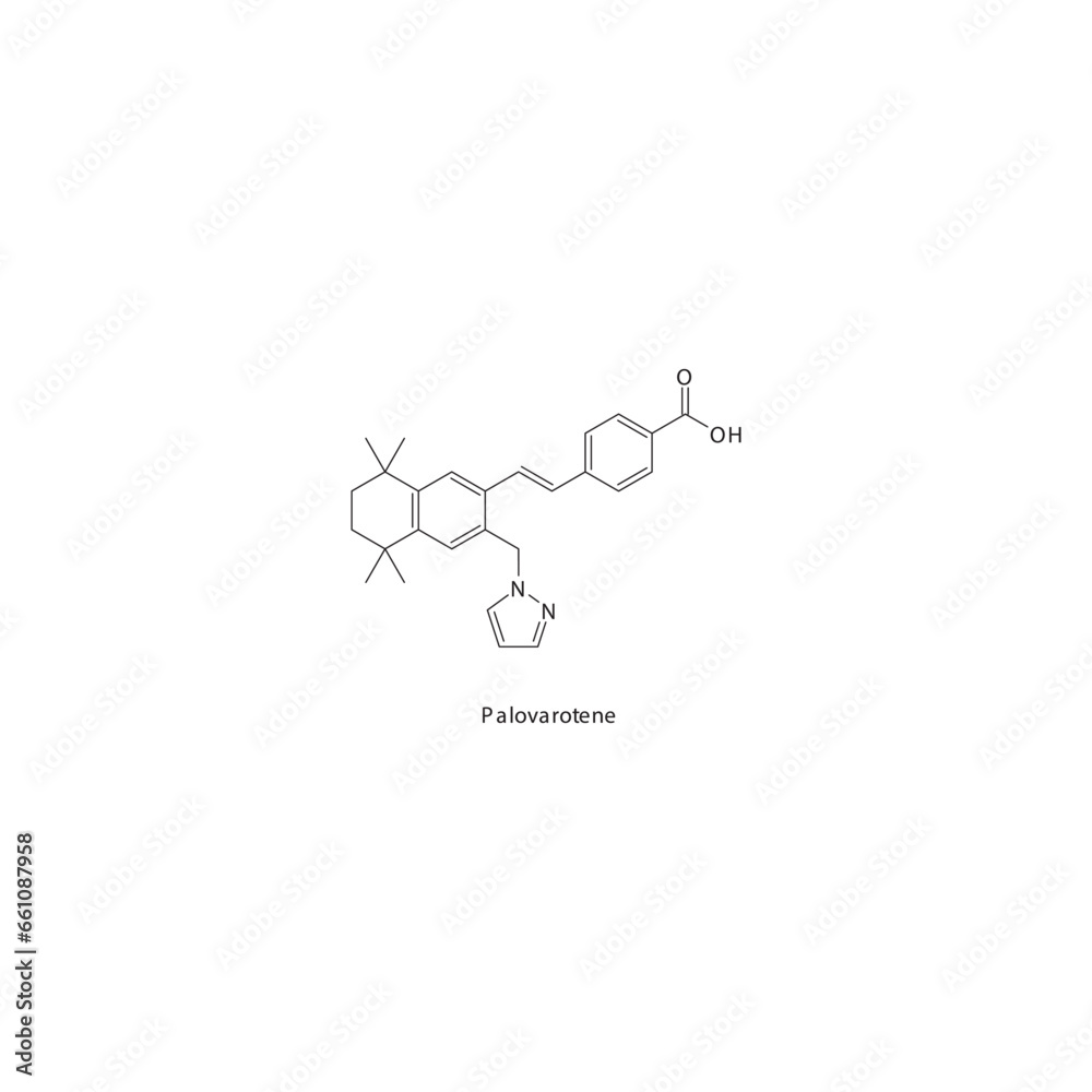 Palovarotene flat skeletal molecular structure Retinoid drug used in Heterotopic ossification, fibrodysplasia ossificans progressiva treatment. Vector illustration.