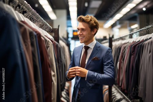 Happy young man in suit looking at clothes in boutique