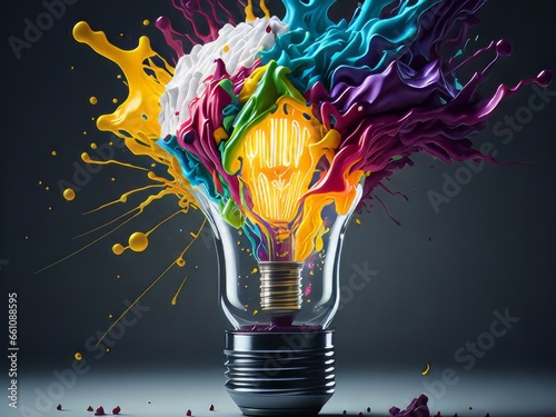 Da rienda suelta a tu creatividad con una explosión de energía colorida, mientras una bombilla se rompe y libera un espectro de ideas e inspiración photo