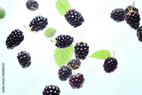 Ripe blackberries flying isolated on a transparent background, Generative AI