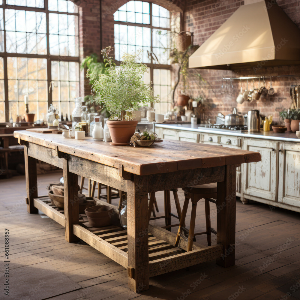  a rustic kitchen with a wooden island
