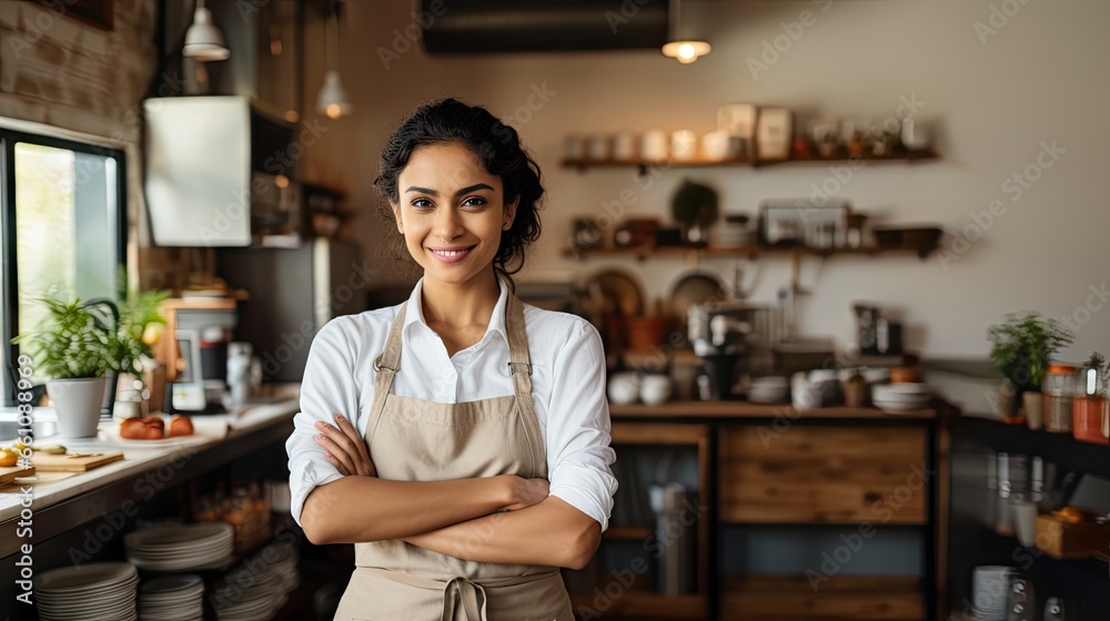Happy Hispanic female chef smiling and doing arm crossed gesture confidently in the restaurant. Happy Hispanic female chef smiling and doing arm crossed gesture confidently in the restaurant.