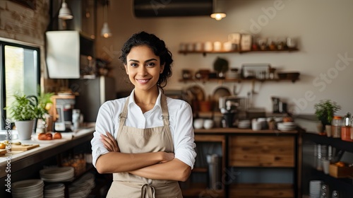 Happy Hispanic female chef smiling and doing arm crossed gesture confidently in the restaurant.