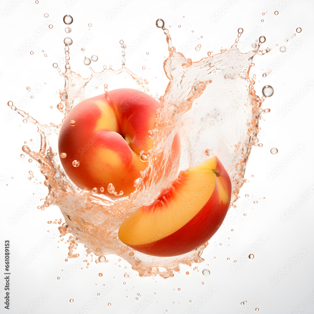 drink wave splash with peach, water splash and fruit beverage with peach, Realistic flow of refreshment