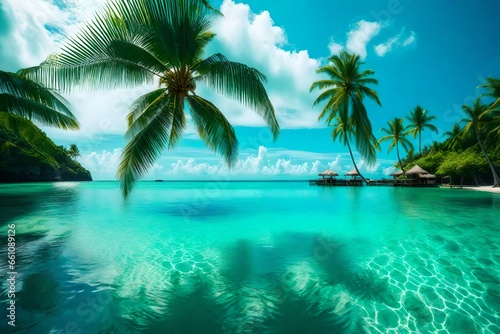 Beautiful tropical beach with coconut palm trees 