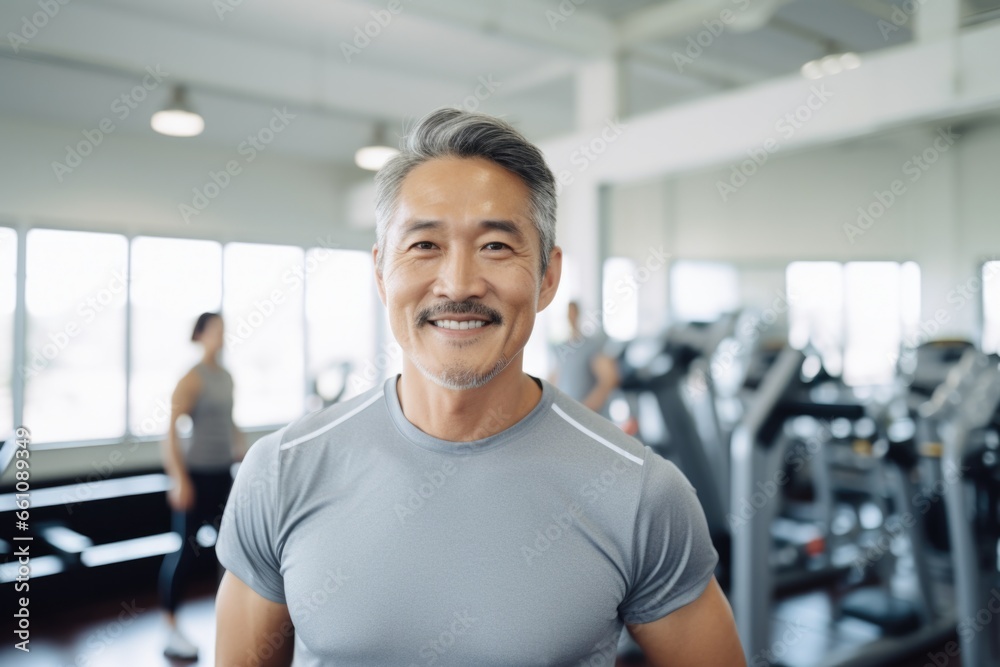 middle age adult man happy expression in a gym. fitness teacher concept. ai generated middle age adult man happy expression in a gym. fitness teacher concept. ai generated