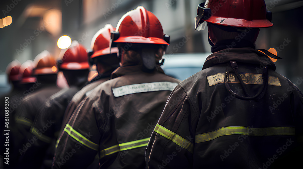 Backvieww of a firemans in uniforms and red helmets. Backvieww of a firemans in uniforms and red helmets.