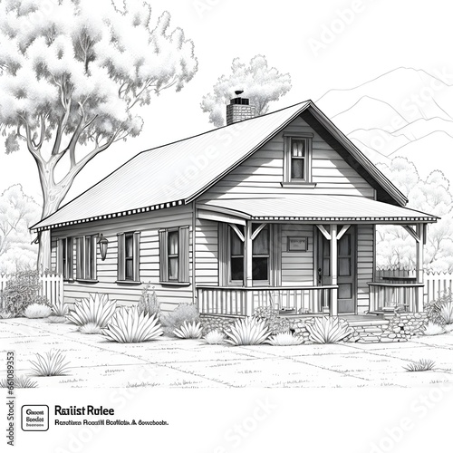 line art coloring book of ranch style house black and white 