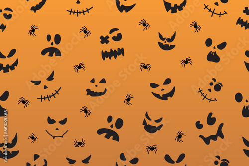Seamless pattern with cute and creepy pumpkins, ghosts and monster faces for Halloween design. Vector illustration. Vector illustration