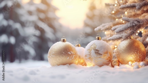 Golden christmas ball on snow near spruce tree on blurred snowy forest with fir trees