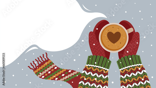 Hands in mittens hold a cup with a hot drink, coffee or chocolate.Warm knitted sweater and scarf.Winter weather, snow.Banner with copy space.Vector stock illustration.