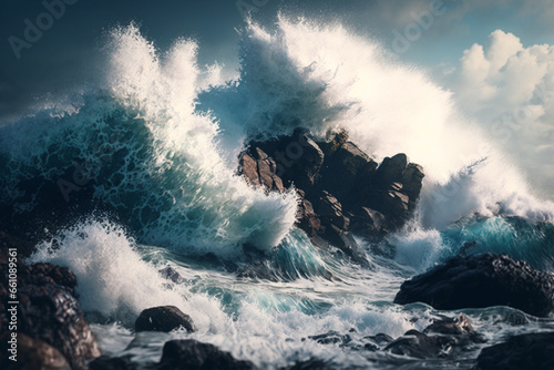 mesmerizing sight of waves crashing against rugged rocks, with sea foam spraying into the air
