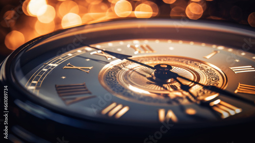 Close up of a clock striking midnight, new year celebration 2024 concept. 