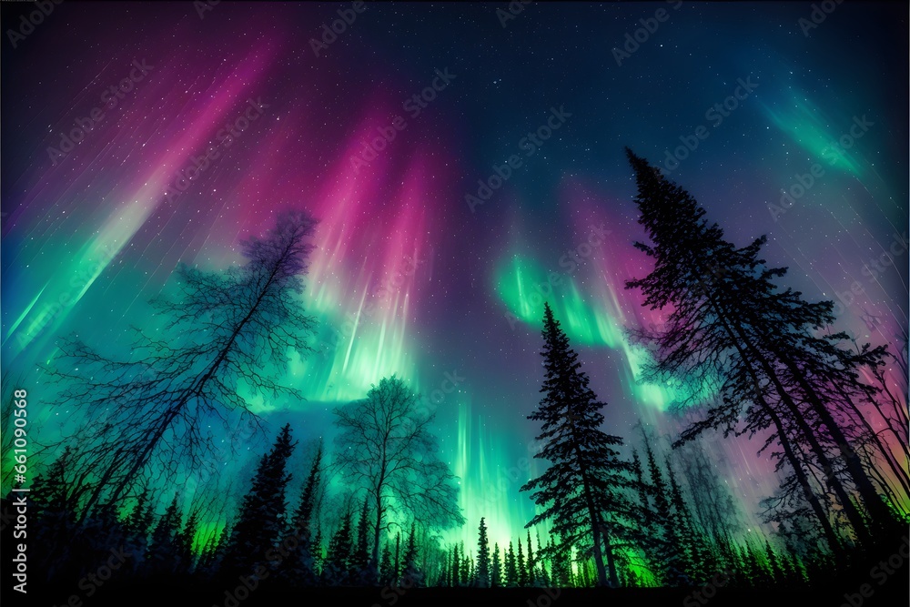 the sky is high with many stars many colorful auroras many tall trees below green purple blue background super realistic hyper detailed dramatic lighting 8k  - obrazy, fototapety, plakaty 