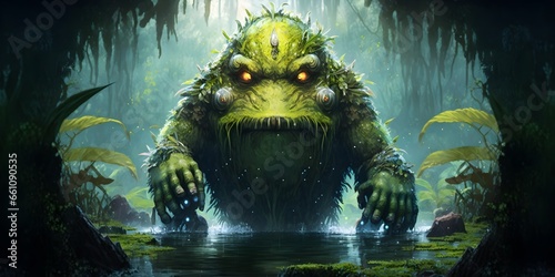 A hairy scary wet dark beast swamp humoid like creature and is located in a jungle swamp 3 beautiful jungle swamp setting swamp alien creature glisten creature sparkles around creature alien on lily 