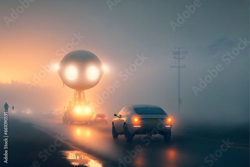 alien invasion in morning fog light 