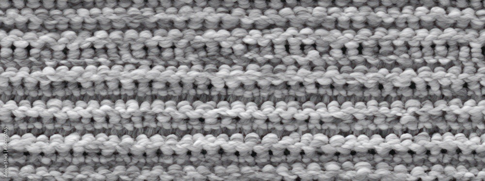 Seamless mottled light grey wool knit fabric background texture. Tileable monochrome greyscale knitted sweater, scarf or cozy winter socks pattern. Realistic woolen crochet textile craft