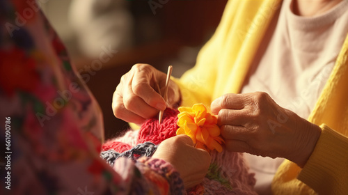 Knitting or Crocheting: A caregiver engages an elderly person in knitting or crocheting