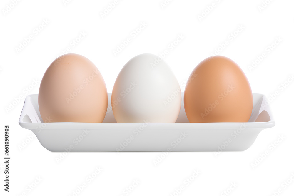 Three White eggs inside a tray isolated on a transparent background, Generative AI Three White eggs inside a tray isolated on a transparent background, Generative AI