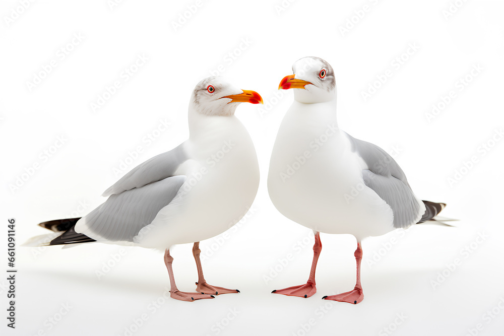 Two seagulls are standing on a white background, Generative AI Two seagulls are standing on a white background, Generative AI
