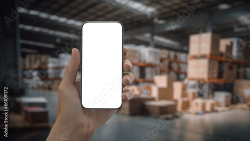 CU View of Caucasian male worker using smartphone inside huge warehouse, png