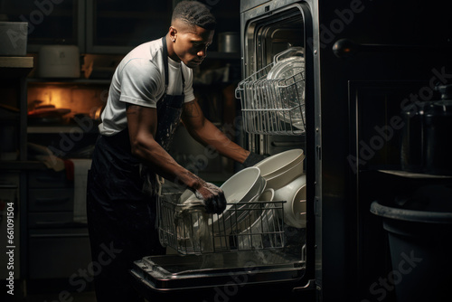 Black man use dishwasher, putting and clean dirty dishes. Close up.