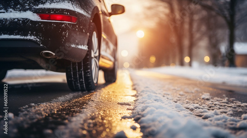 Winter Wonderland, Close-Up of Snow-Covered Car Tires embarking on a Frosty Road © NE97