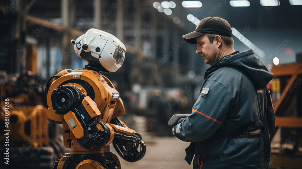 A male engineer in work clothes stands near a robot in a warehouse in a hangar. Introduction of robots with artificial intelligence into the work environment