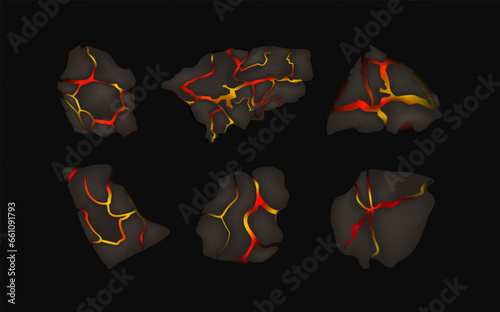 Stylized abstract background of volcano magma glow texture in cracking holes.Destroyed earth surface and flowing lava.Shine texture after an earthquake.