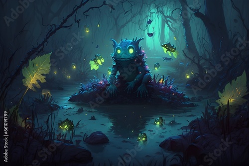 swamp at night with neon glowing creature that looks like little dragons and surrounded by glowing leaves from Pandora 