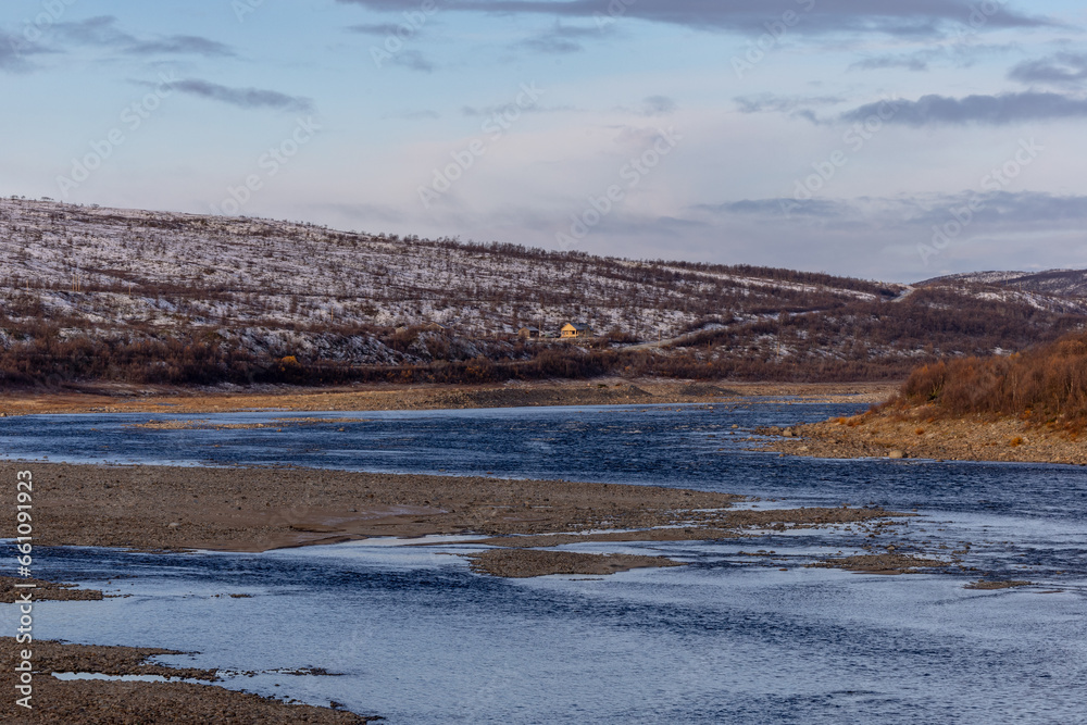 Utsjoki, Finland A view of the Karasjohka River separating Finland and Norway.