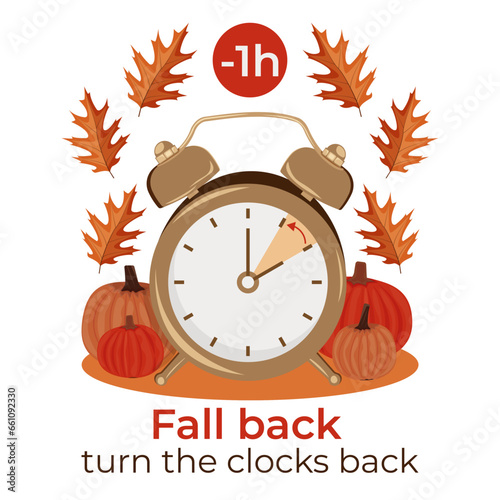 Daylight Saving Time concept. Autumn landscape with text Fall Back, the hand of the clocks turning to winter time. Pumpkins and autumn leaves. clock turning an hour back