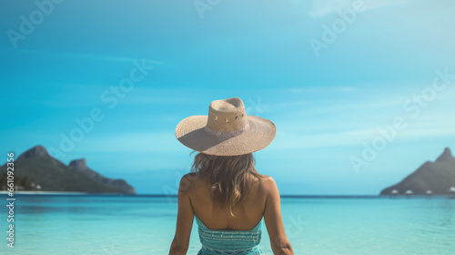 Mujer joven atractiva de espaldas en una playa paradisiaca. Paisaje de islas maldivas en vacaciones.