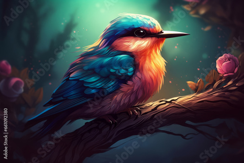 Ilustración de pájaro tropical de colores con ambiente de cuento mágico en el bosque.