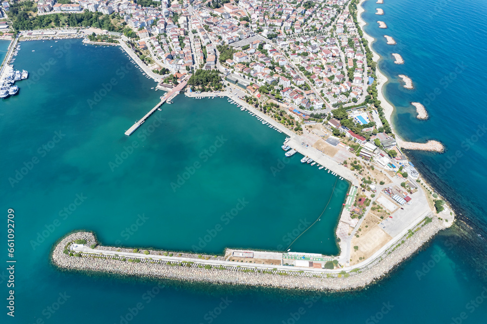 Gerzre is a charming town in the Black Sea. Aerial Gerze landscape shot. Gerze, Sinop