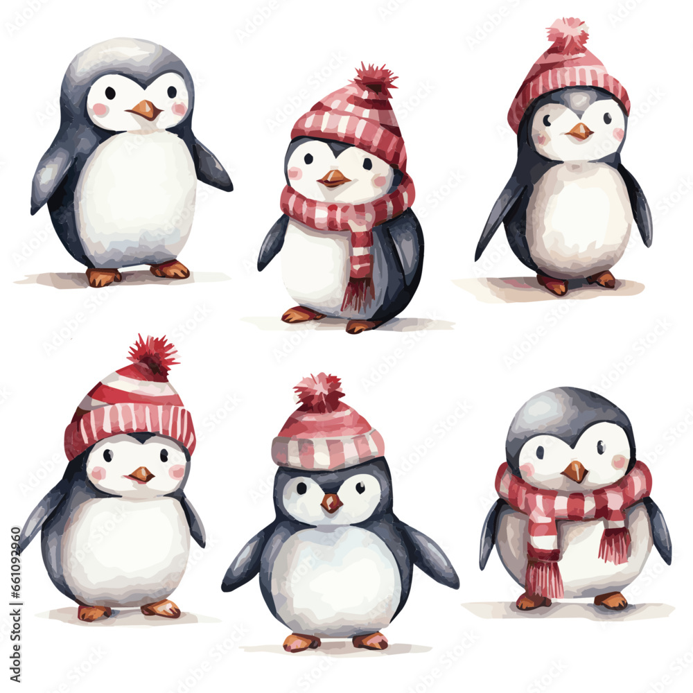 Fototapeta premium set of penguins in winter christmas with Cherry Red and Soft Beige watercolor vectors