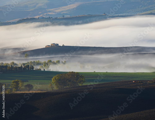 Typical Tuscan morning autumn landscape, Val D'Orcia, Tuscany, Italy