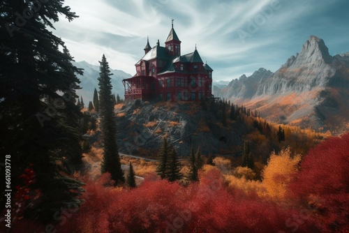 stunning scenic vista featuring a crimson peak. Generative AI © Merek