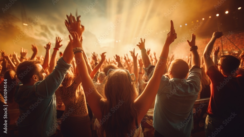 Happy people dancing in front of the stage, music festival. - obrazy, fototapety, plakaty 