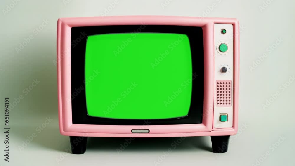 vintage pink analog television tv set with static noise distortions and green screen placeholder