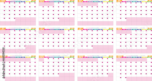 Calendario 2024 en ingles Rosa. Diseño vectorial calendario 2024 en Inglés 12 hojas. Tamaño A4