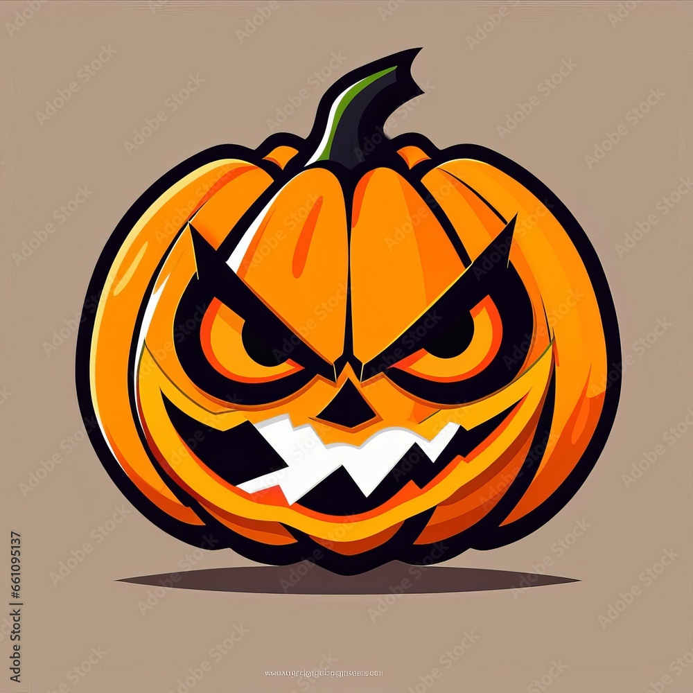 Fototapeta premium Halloween pumpkin, portrait of the angry pumpkin with open mouth, flat style. . Ai Generative