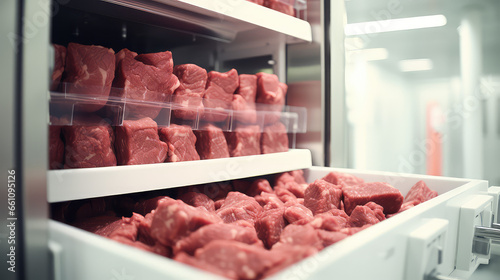 Sliced pieces of beef or pork red meat in fridge. Food industry, meat production. Production and sale of fresh chilled meat. 