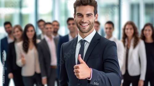 Businessman showing thumbs up sign in front of business team.
